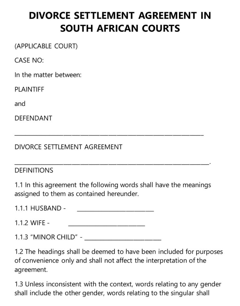 Free Sample Divorce Settlement Agreement Templates Printable Pdf