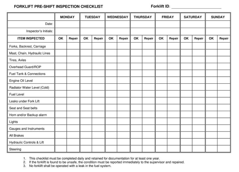 Free Printable Forklift Inspection Checklist Templates Sample Pdf