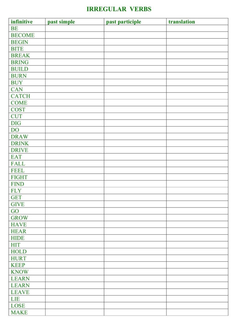 20 Printable Regular And Irregular Verbs Worksheets Free PDF Word