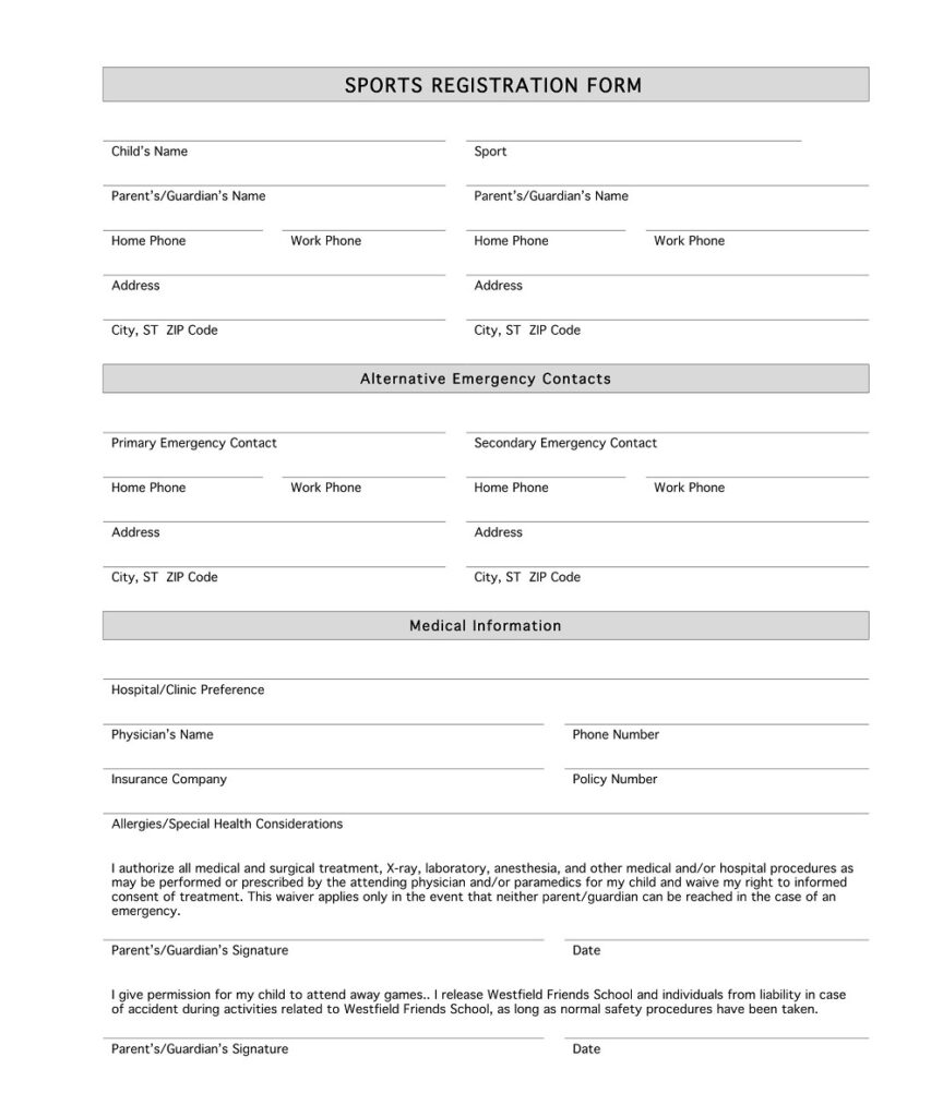 Free Printable Sports Registration Form Templates Pdf American