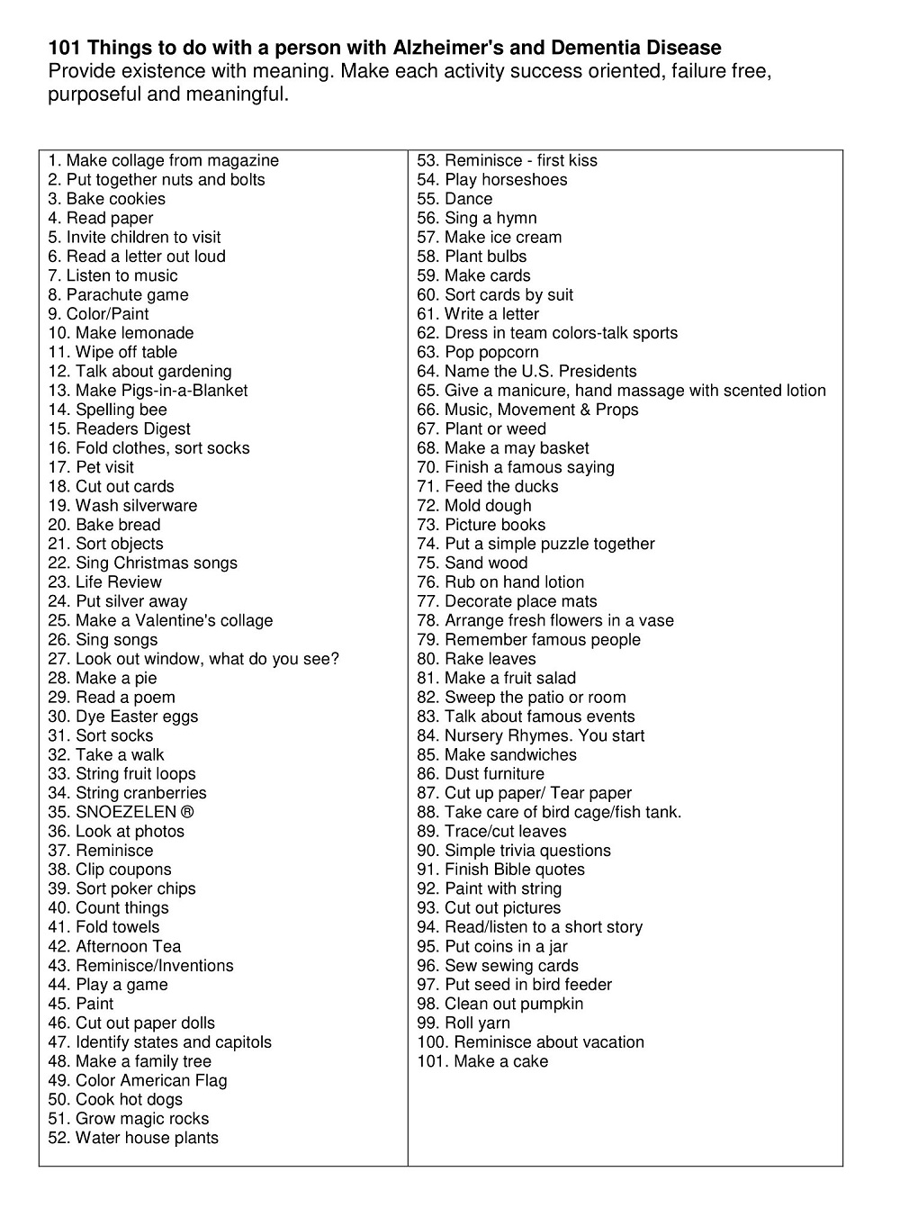 101 Things To Do With Resident With Dementia