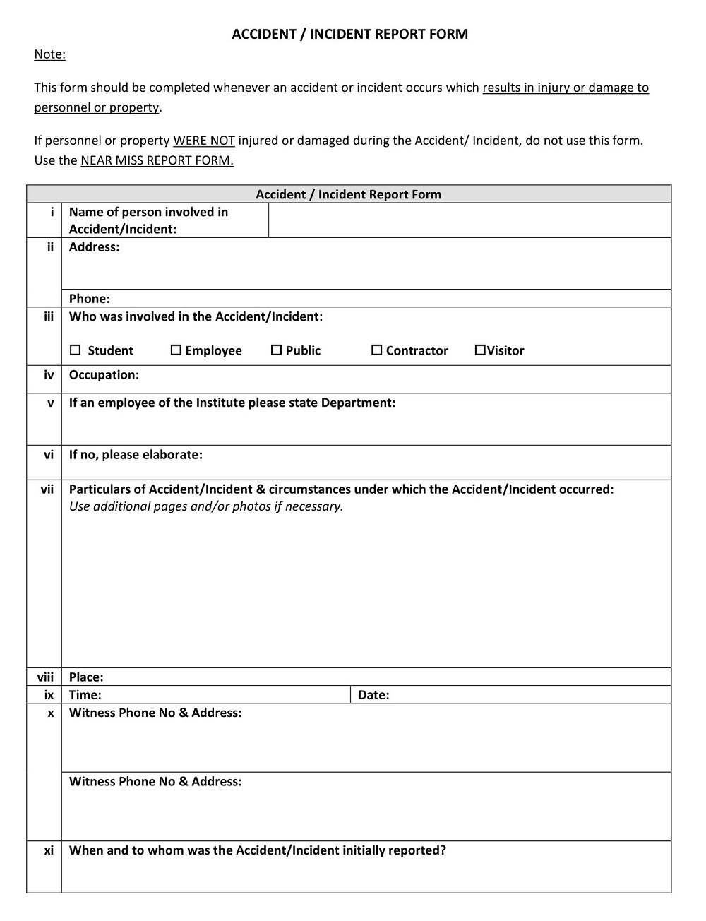 Accident or Incident Report Form