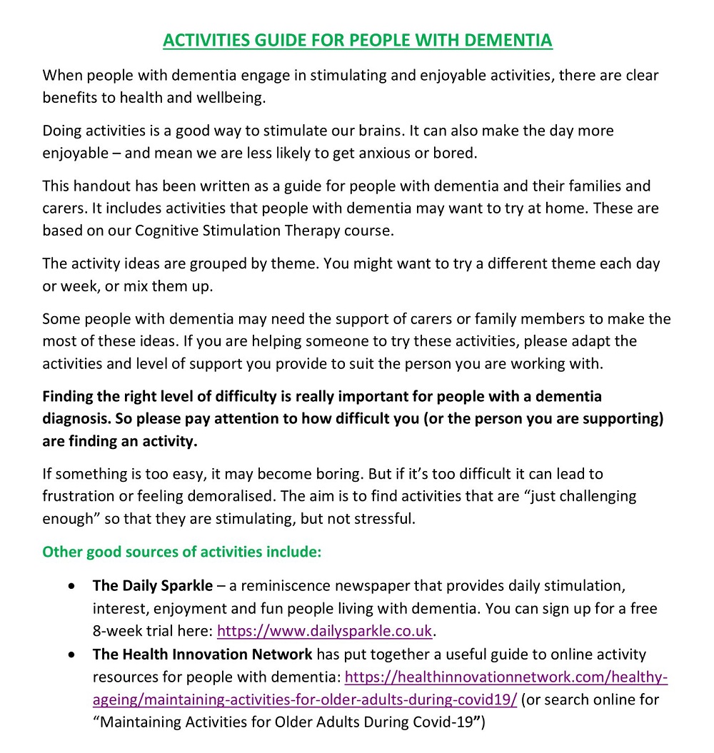 Activities Guide For People with Dementia