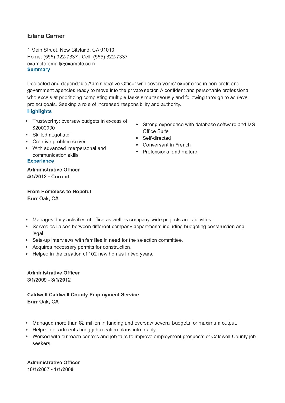 Administrative Officer Resume Template