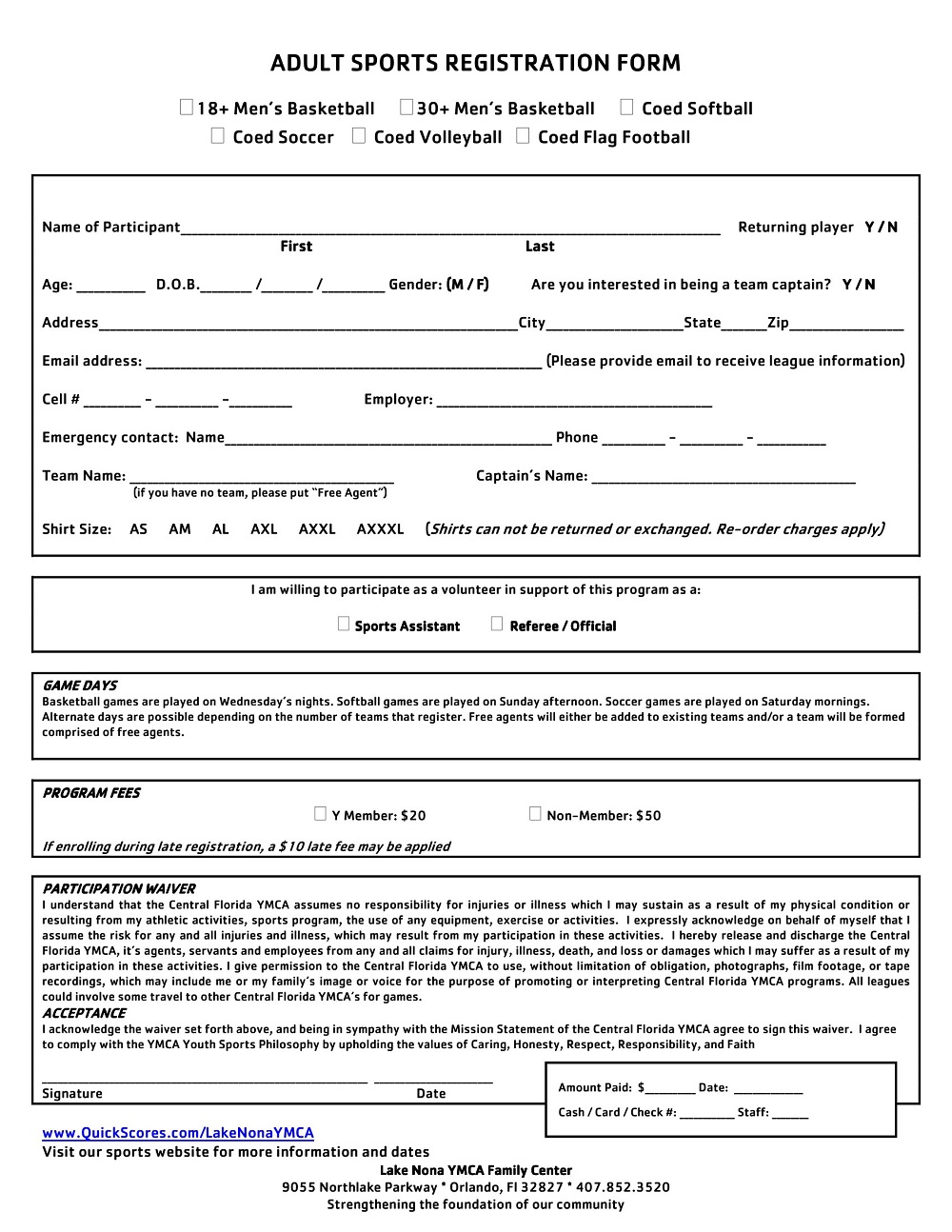 Adult Sports Registration Form
