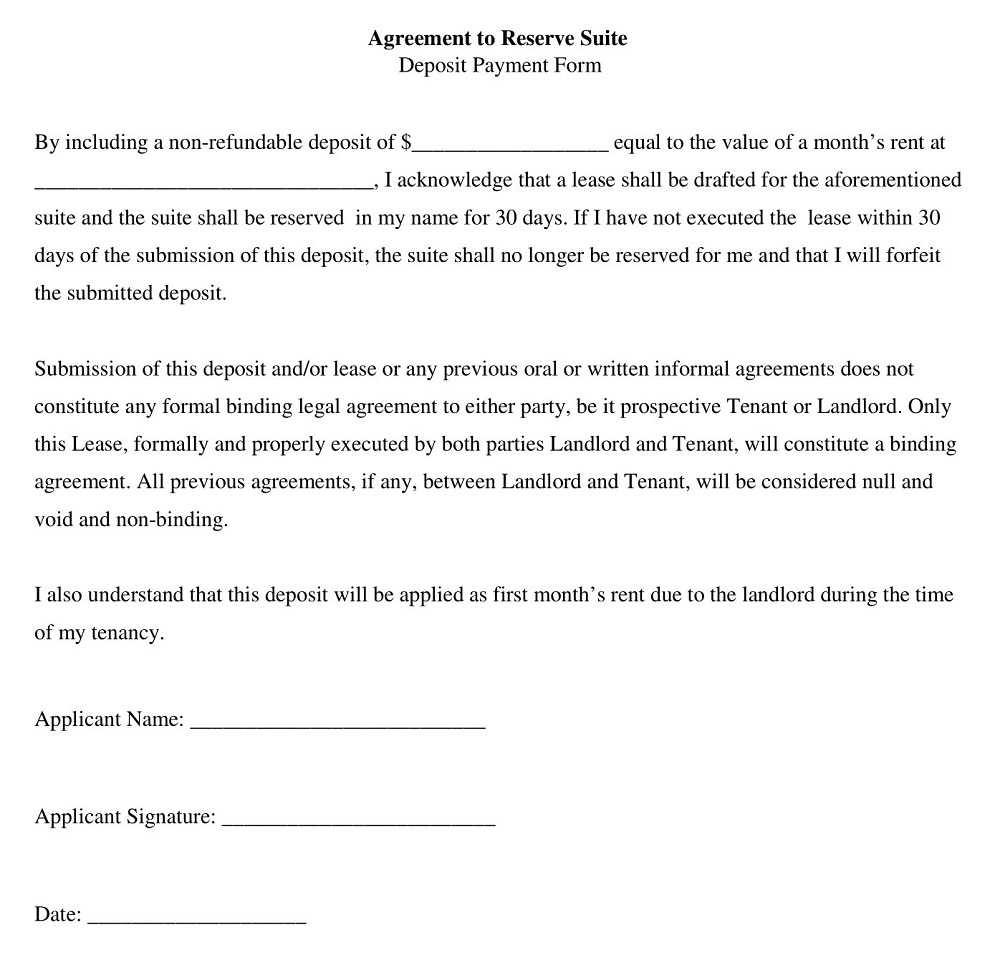 Agreement to Reserve Suite Deposit Payment Form