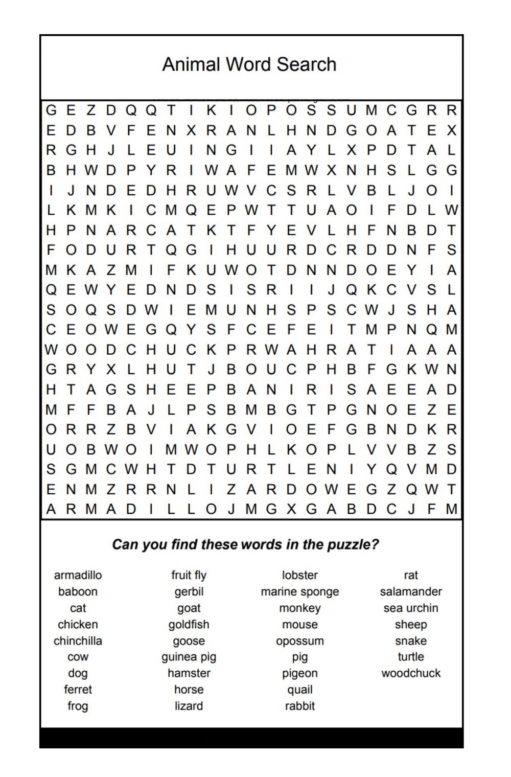 Animals Words Search Puzzle