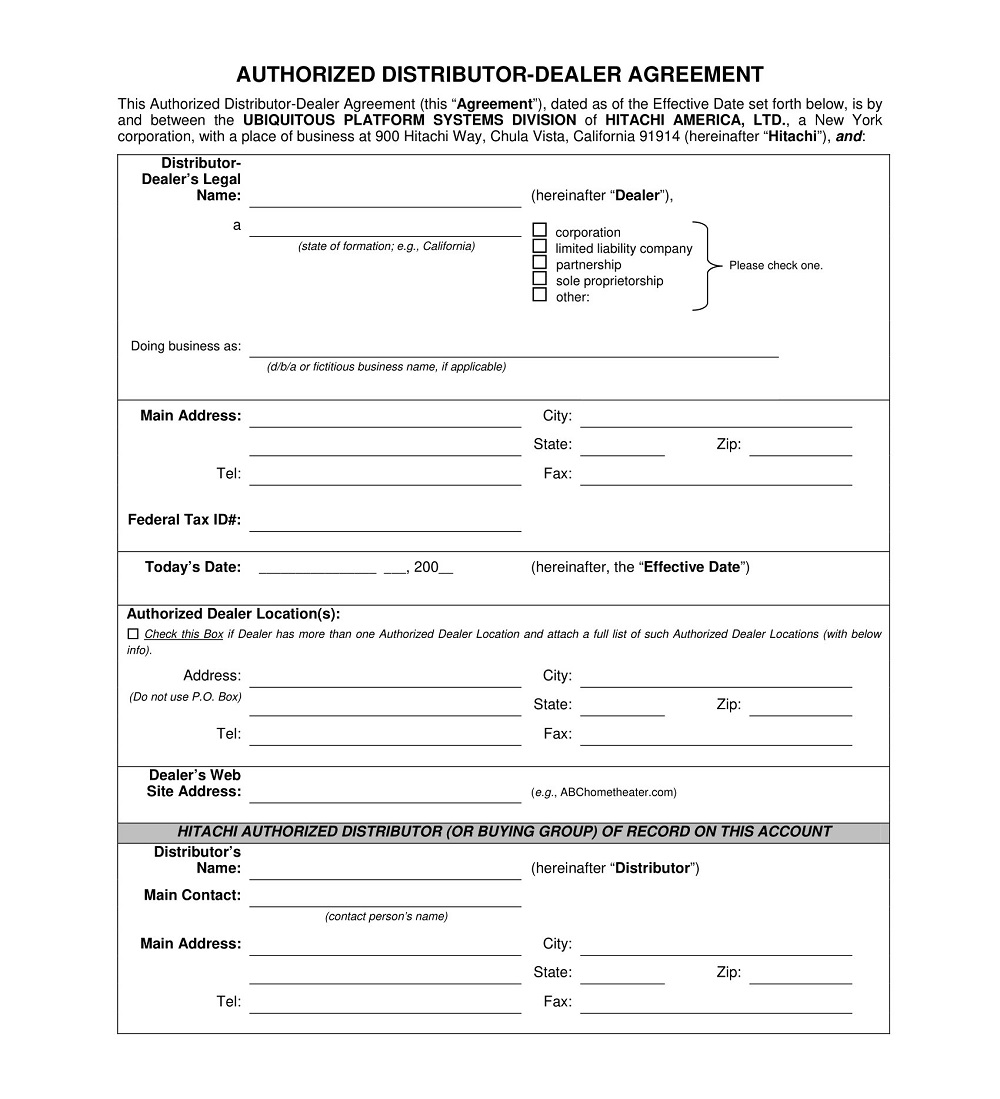 Authorized Distributor Dealer Agreement Template