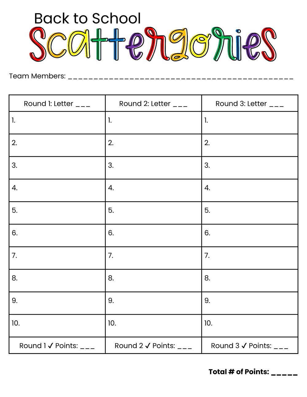 Back to School Scattergories Answer Sheet