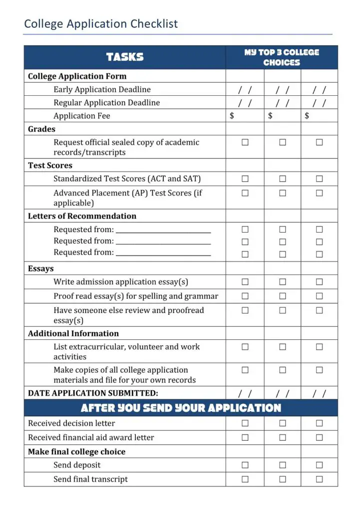 36 Free Printable College Checklist Templates PDF Word American 