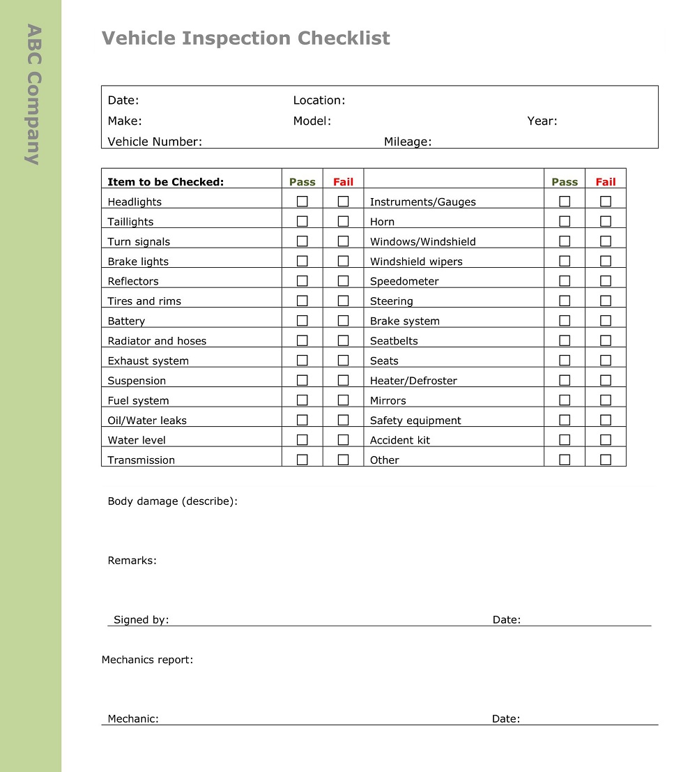 Basic Company Vehicle Inspection Checklist