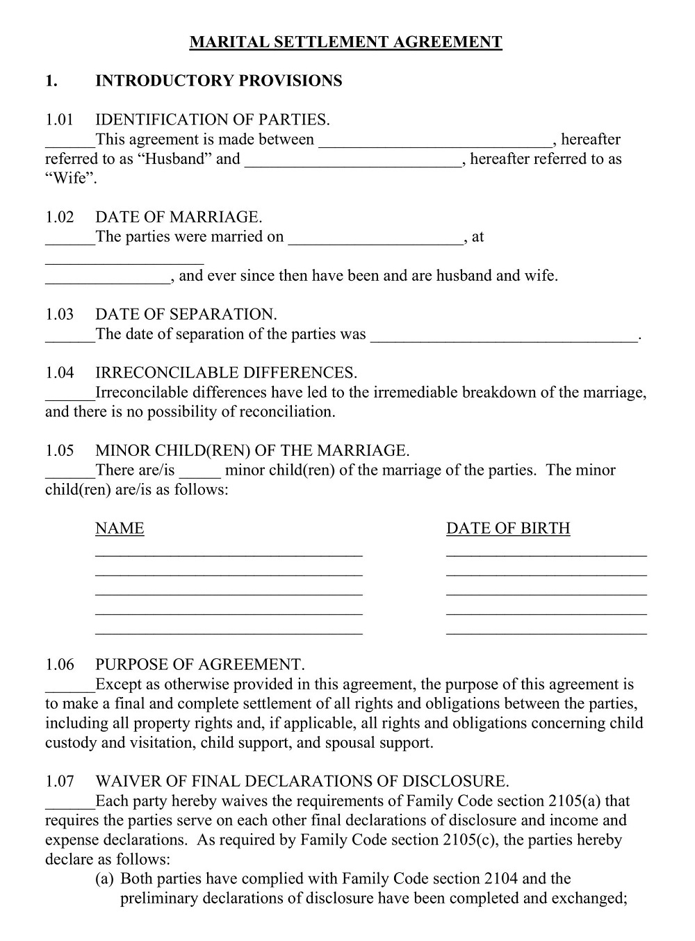 Basic Marital Settlement Agreement