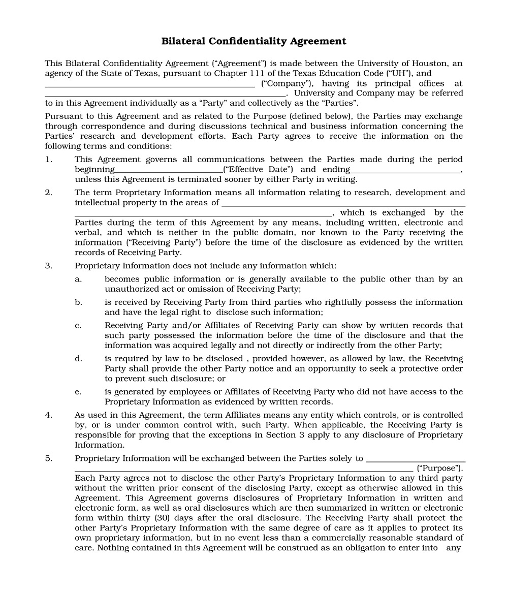 Bilateral Confidentiality Agreement Template