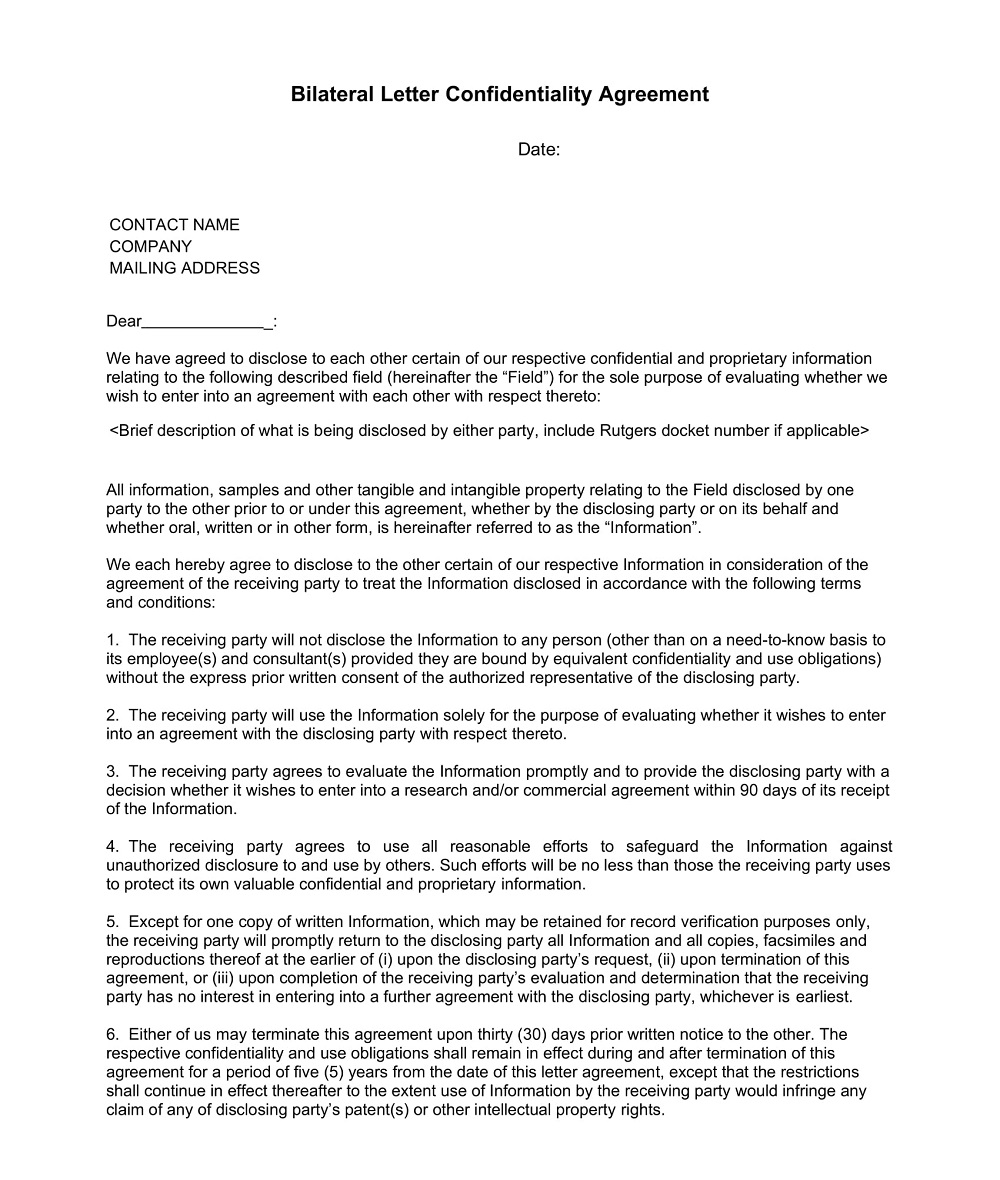 Bilateral Letter Confidentiality Agreement Template