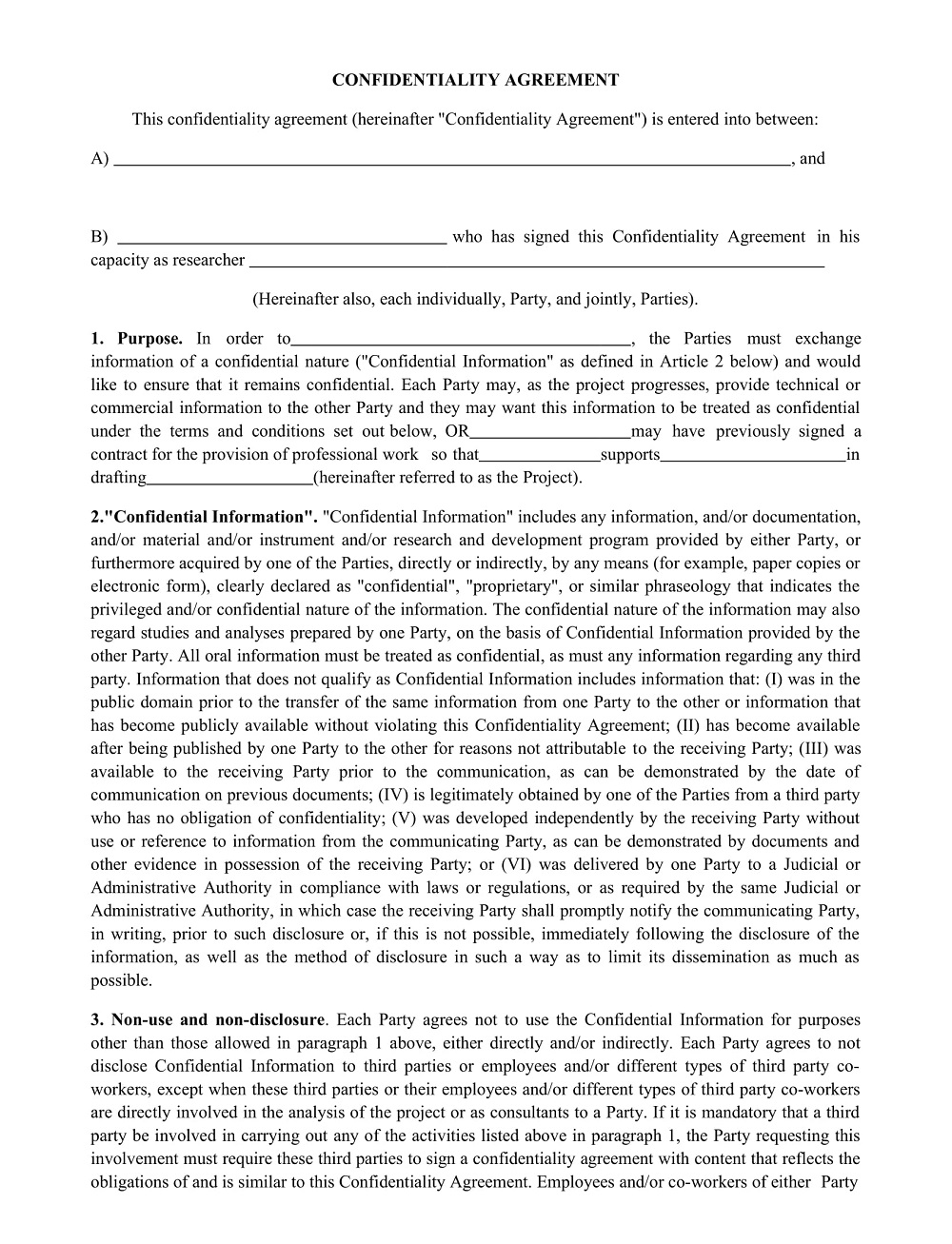 Blank Confidentiality Agreement Template
