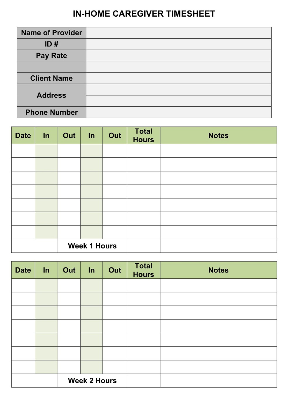 Blank In-home Caregiver Timesheet