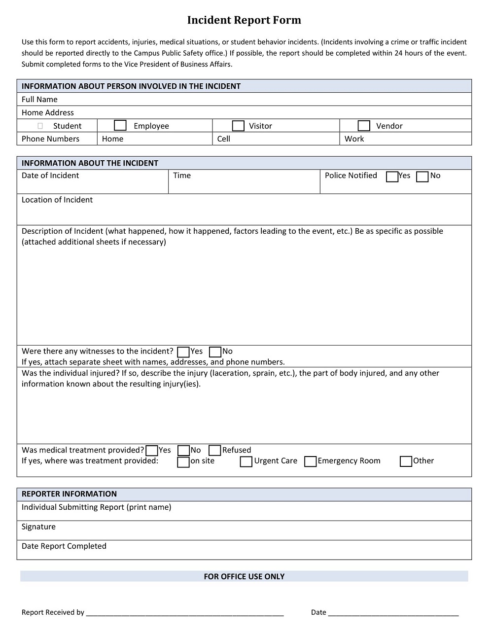 Blank Incident Report Form