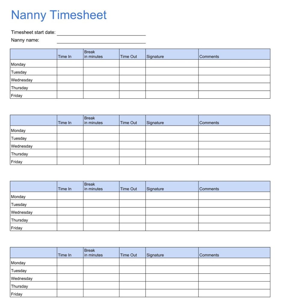 20+ Free Printable Nanny Timesheet Templates - Sample PDF » American ...