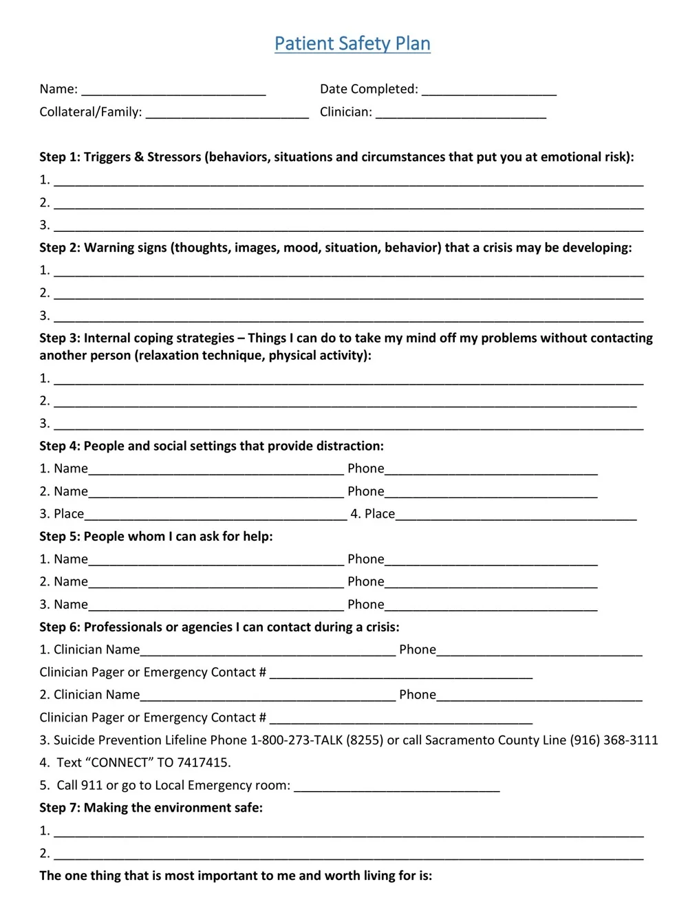 Blank Patient Safety Plan Template