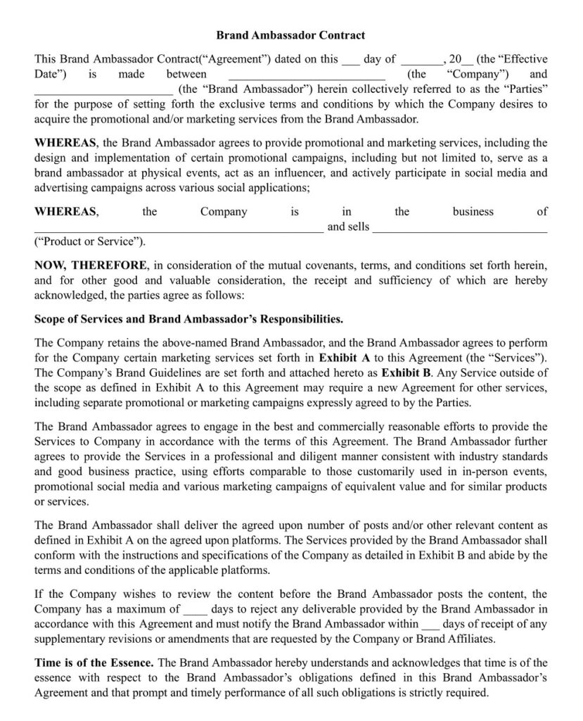 12+ Free Simple Brand Ambassador Agreement Templates (PDF) » American ...