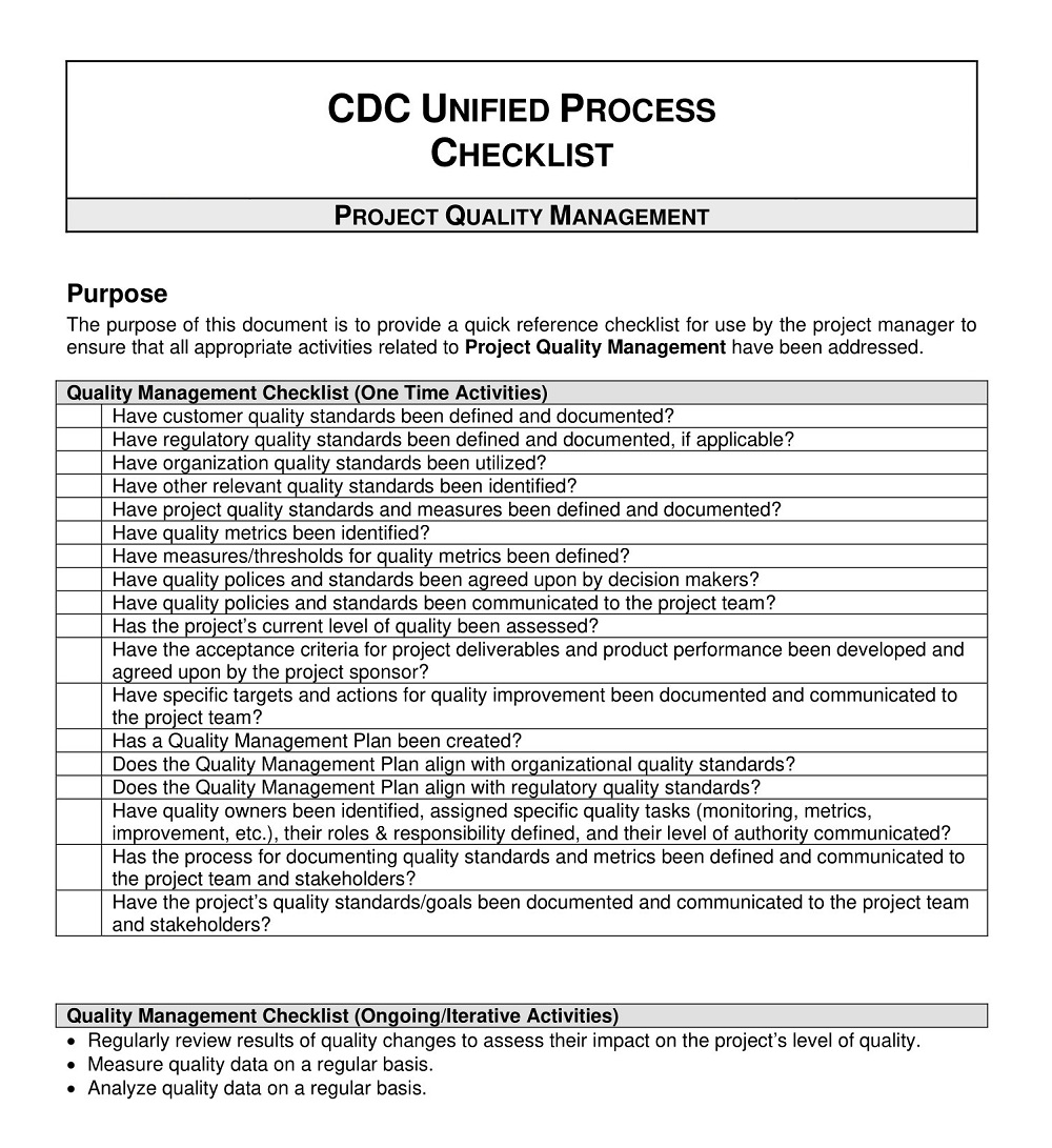 CDC Quality Management Checklist Template
