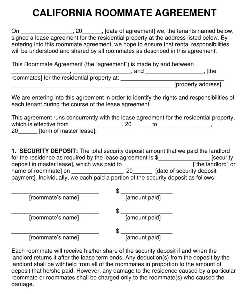 15+ Free Printable Roommate Agreement Templates California - Pdf, Ms 