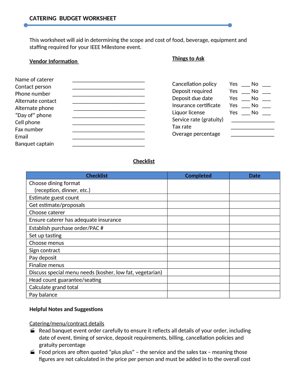 Catering Budget Worksheet Word
