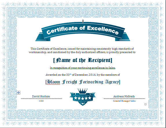 Certificate of Excellence 01