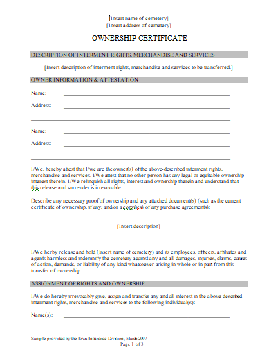 Certificate of Ownership Template