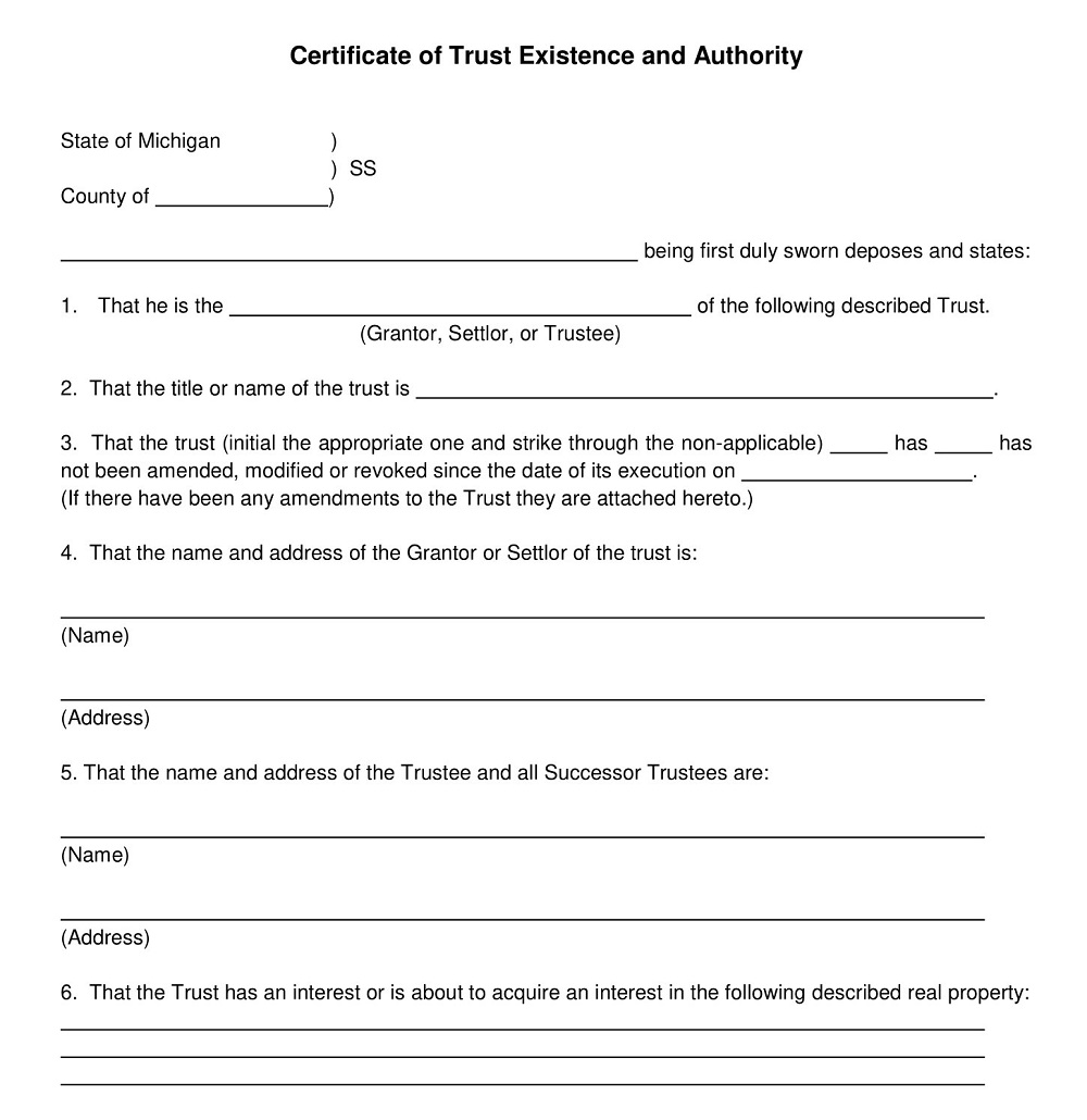 Certificate of Trust Existence and Authority