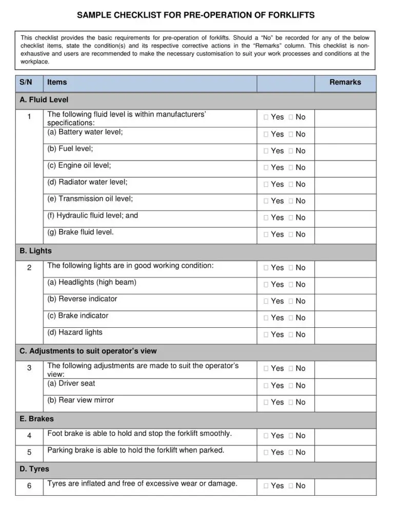 24 Free Printable Forklift Inspection Checklist Templates Sample PDF 