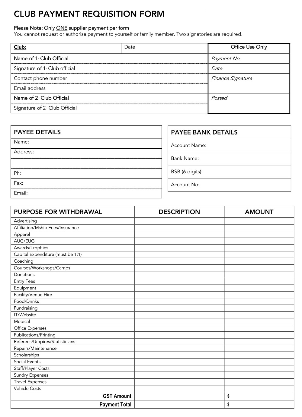 Club Payment Requisition Form