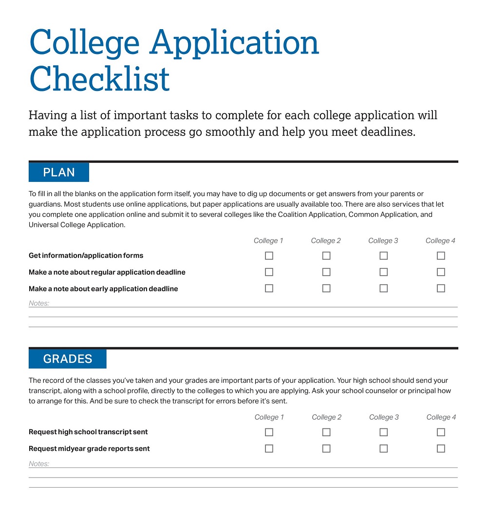 College Application Checklist Sample