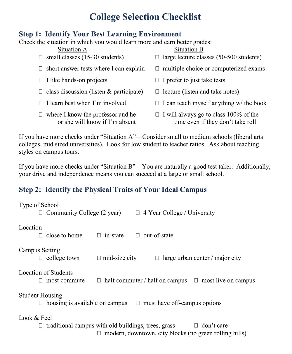 College Selection Checklist Sample