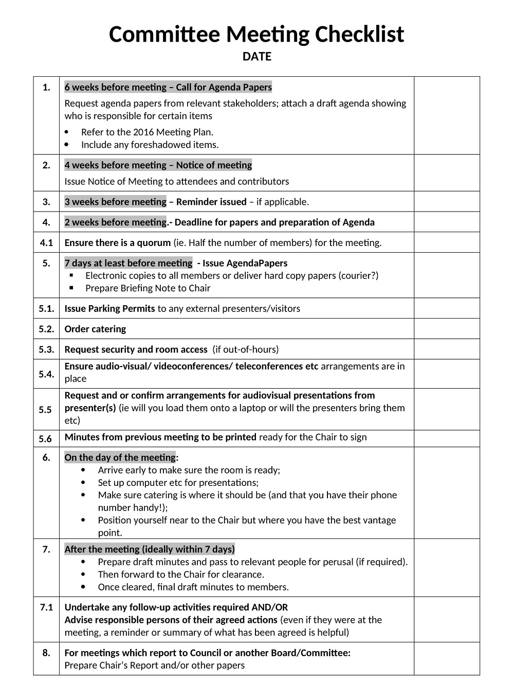 Committee Meeting Checklist Template