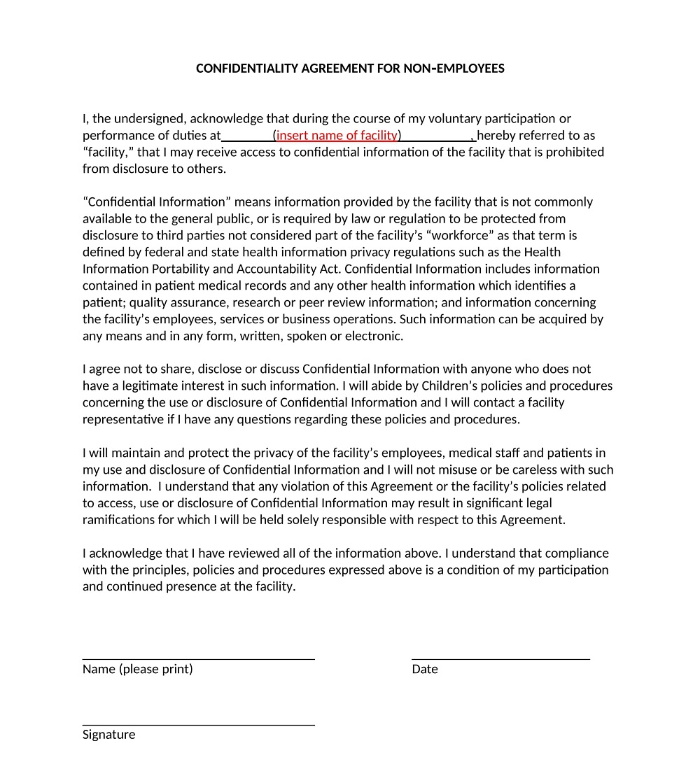 Confidentiality Agreement For Non-Employee