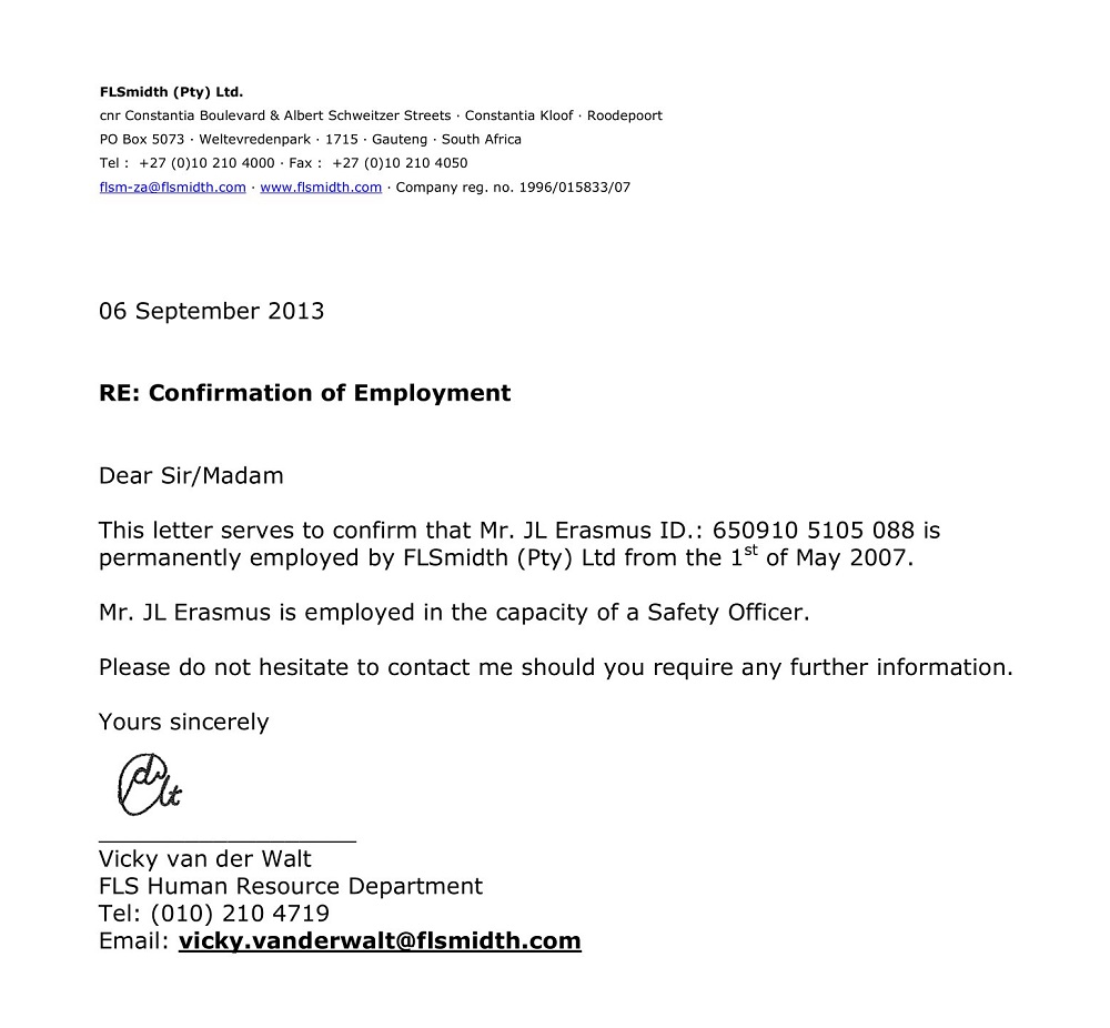 Confirmation of Employment Letter Example