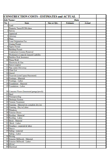 Construction Costs Estimates vs Actual Spreadsheet Templates