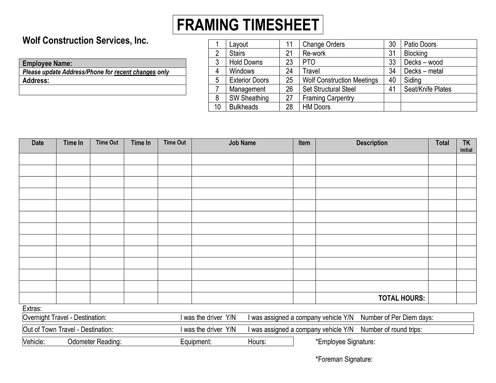 Construction Framing Timesheet Template