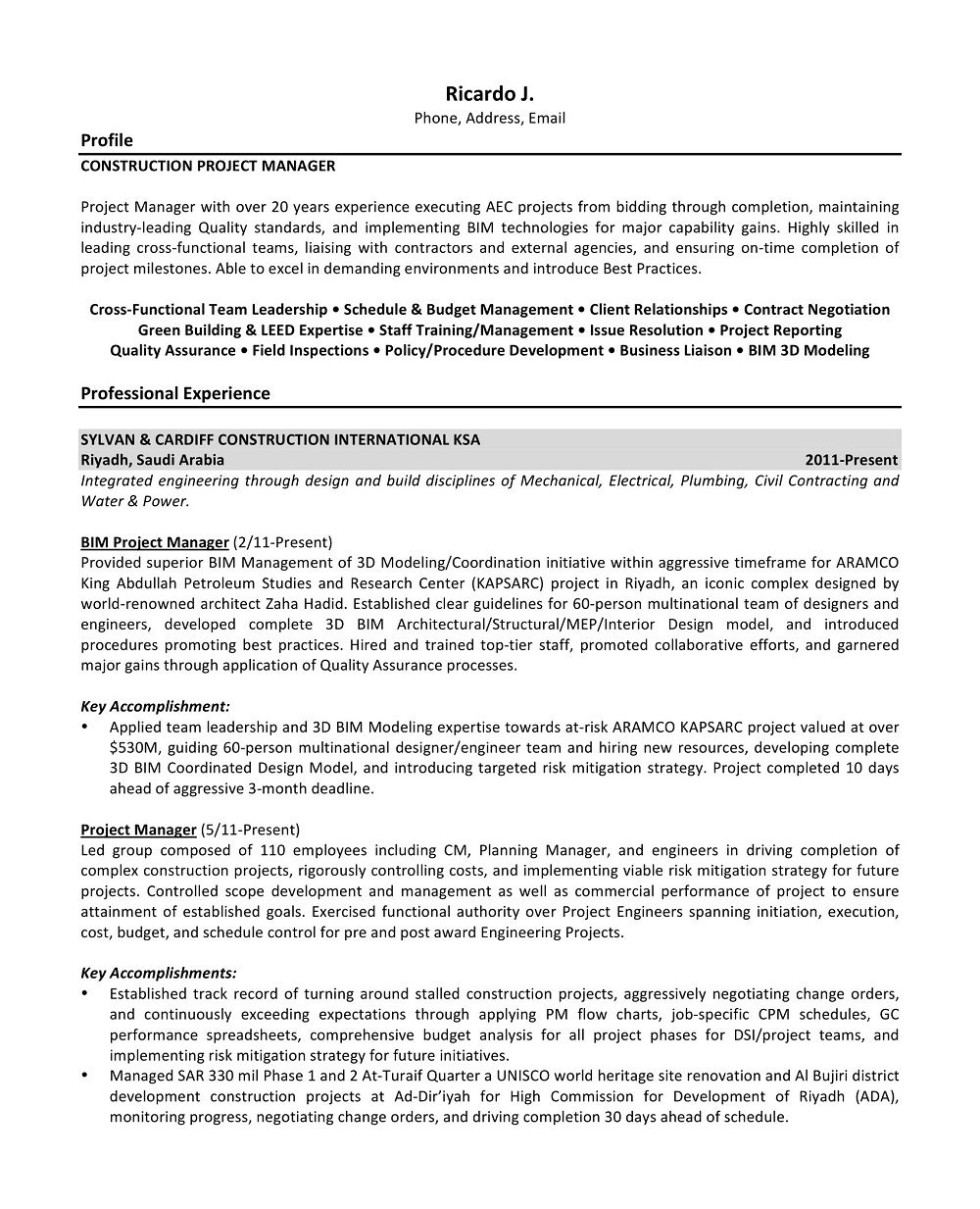 Construction Project Manager Resume Template
