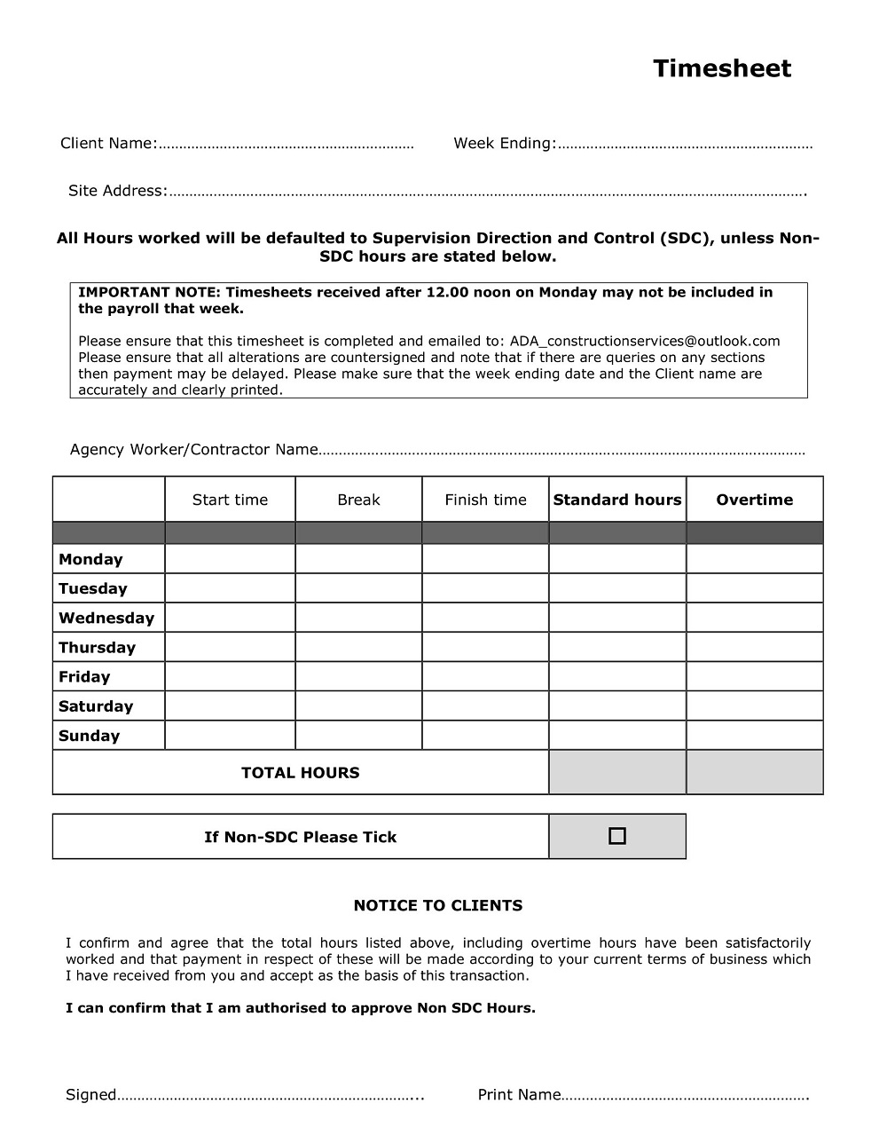 Construction Services Timesheet Template