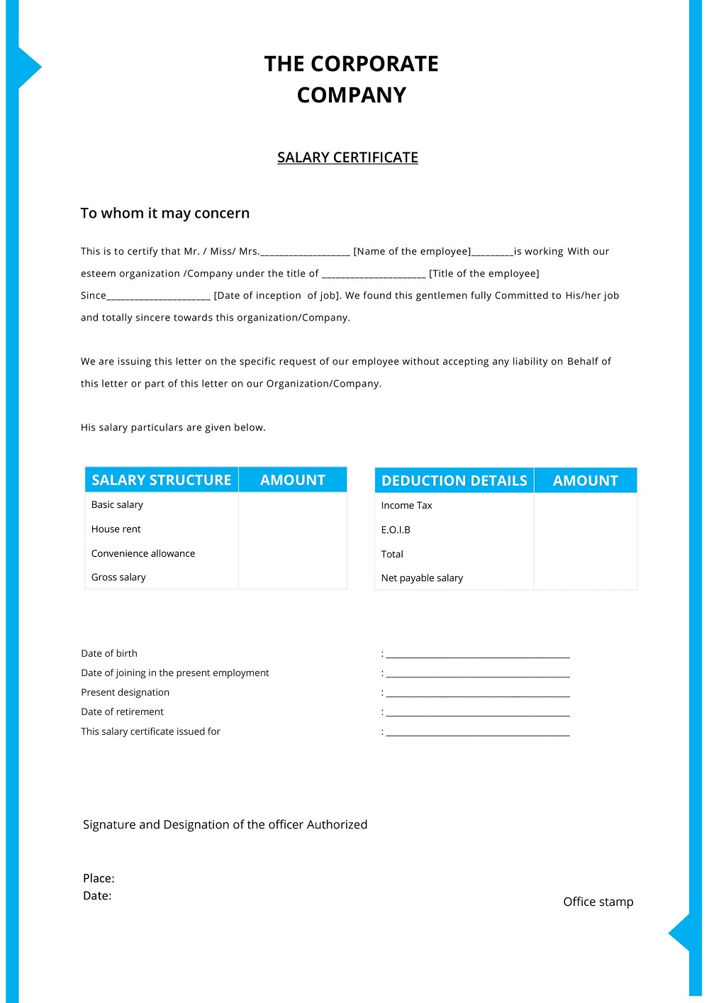 Corporate Company Salary Certificate