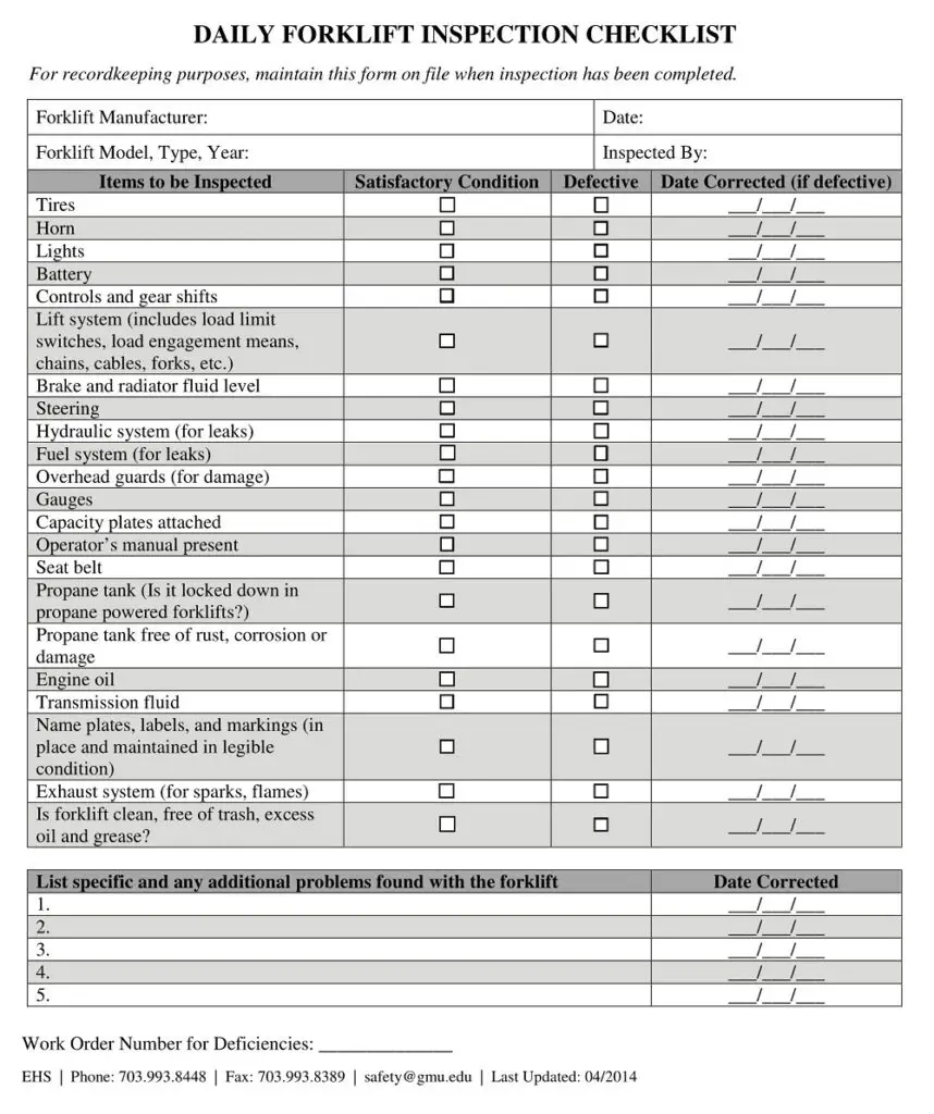 Printable Forklift Safety Checklist Lights Crystal