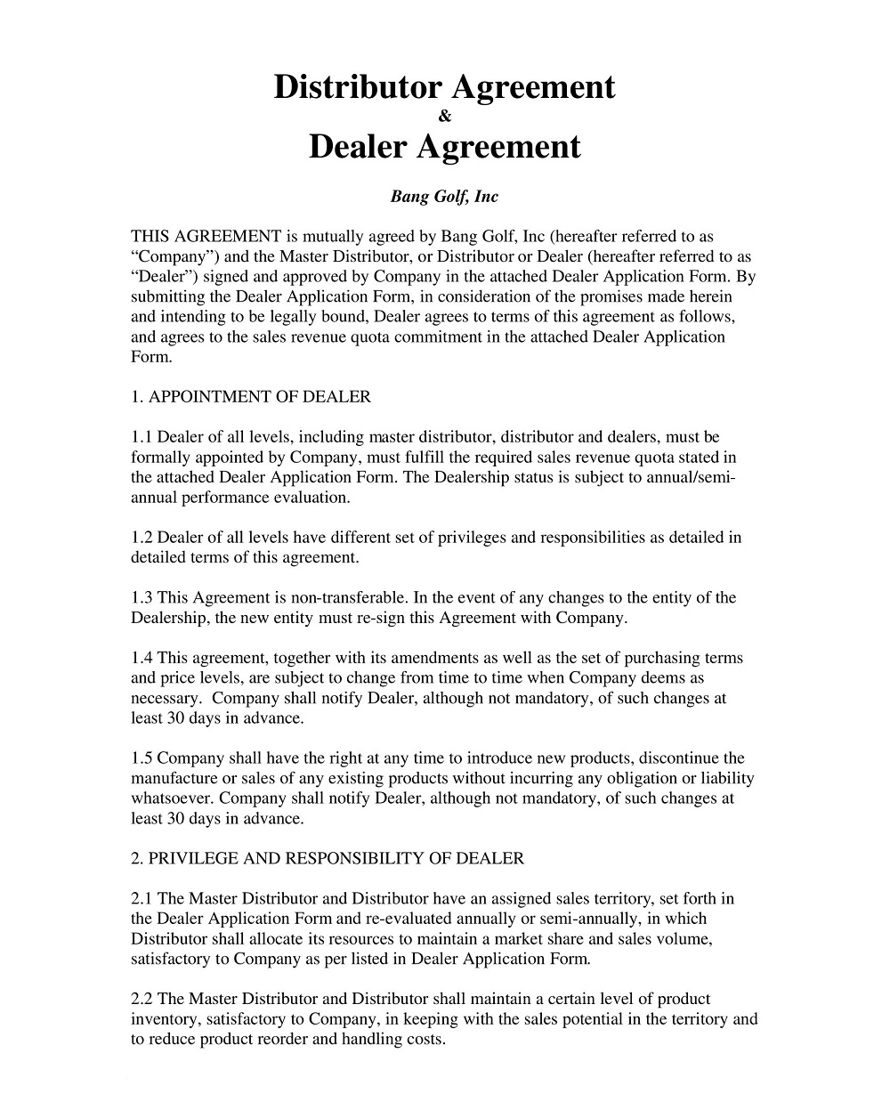 Dealer Distributor Agreement Template