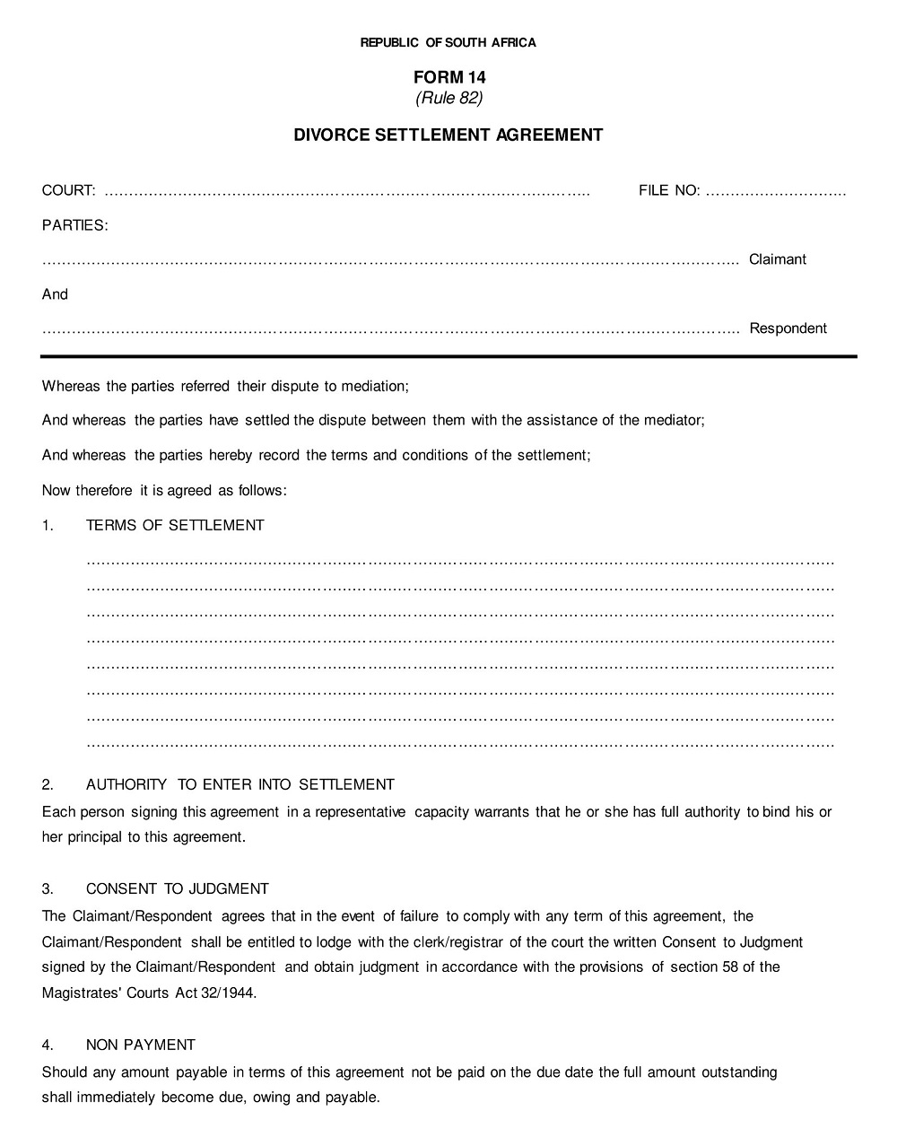Divorce Settlement Agreement Form Sample
