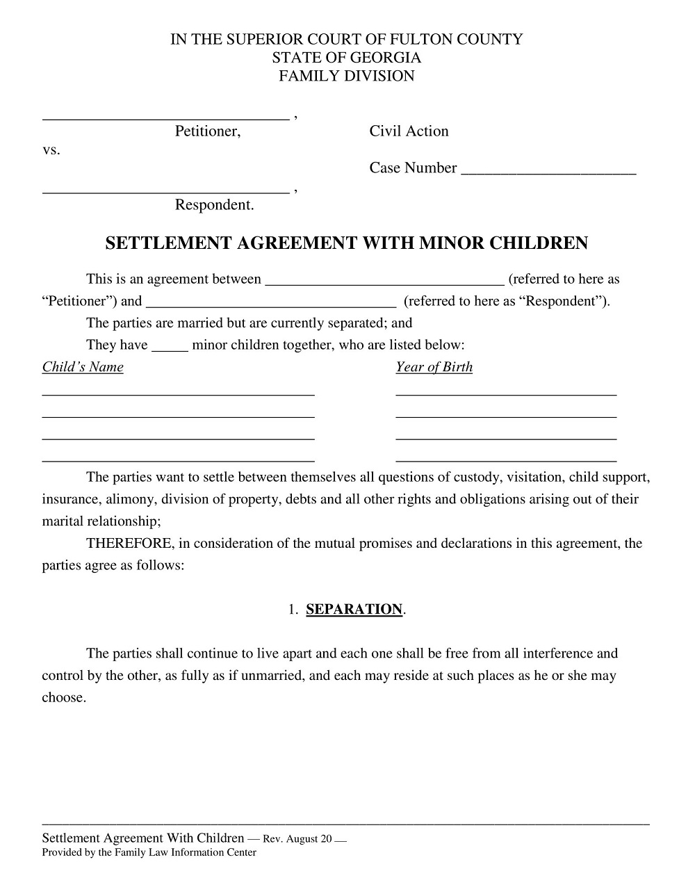 Divorce Settlement Agreement Georgia