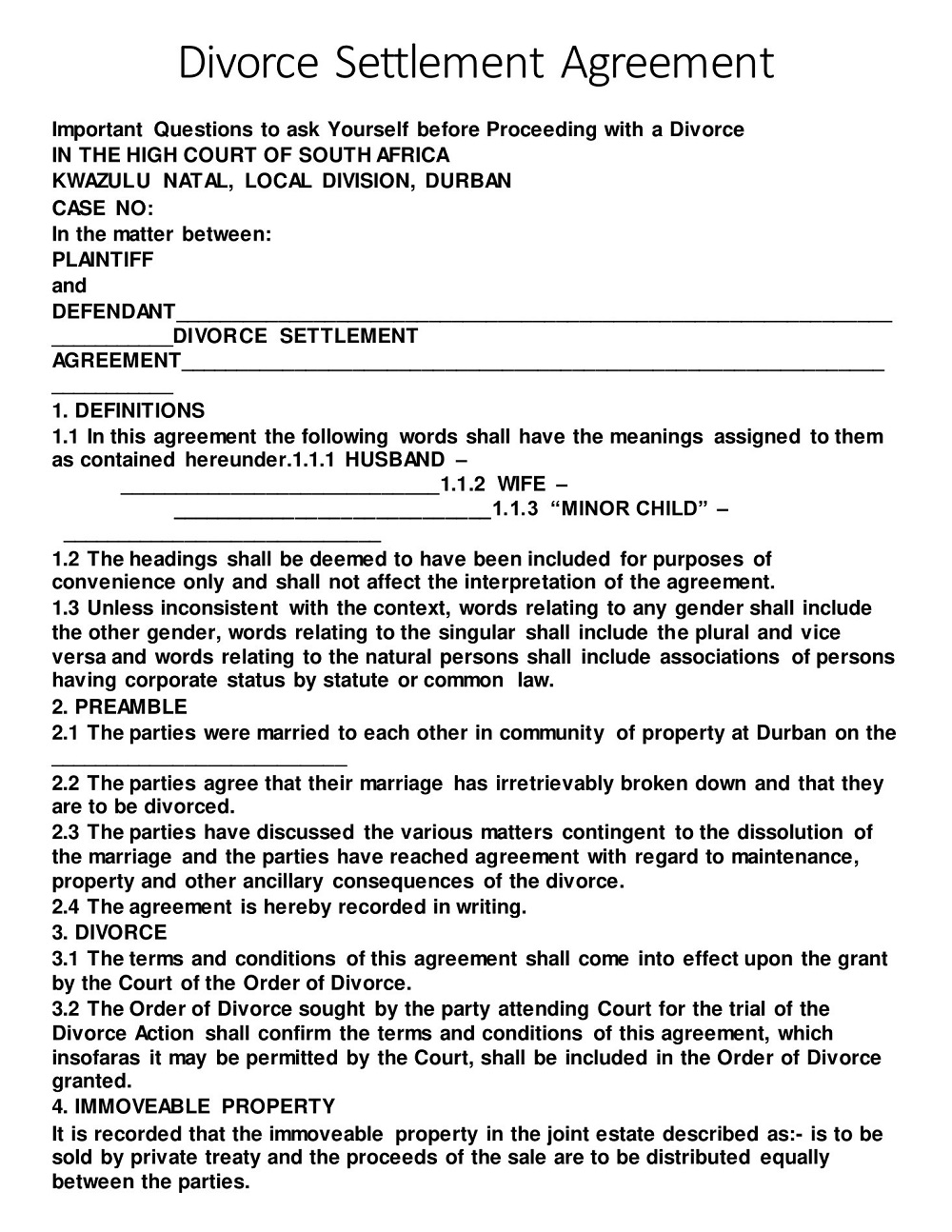Divorce Settlement Agreement Printable
