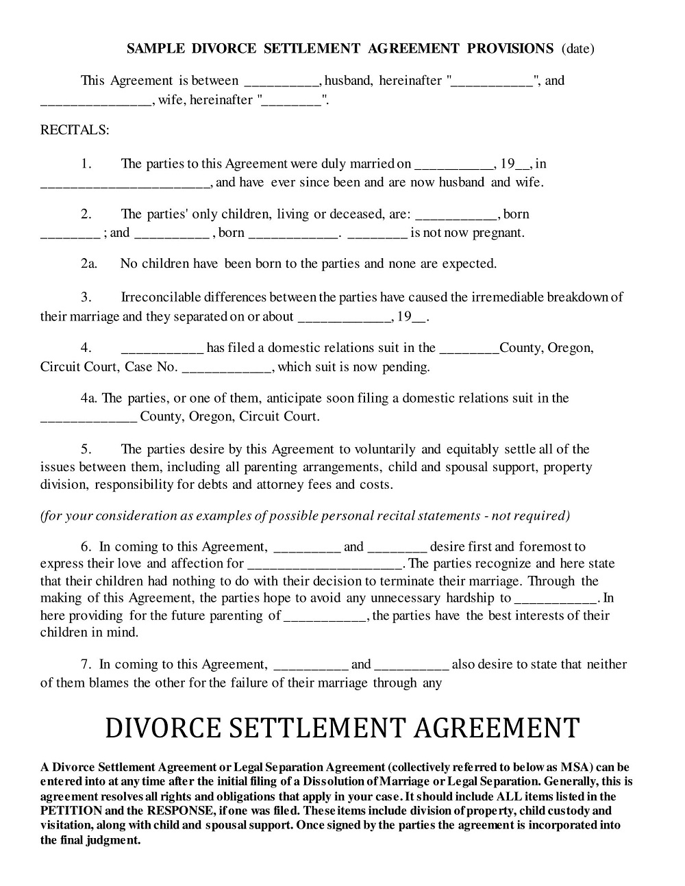 Divorce Settlement Agreement Provisions