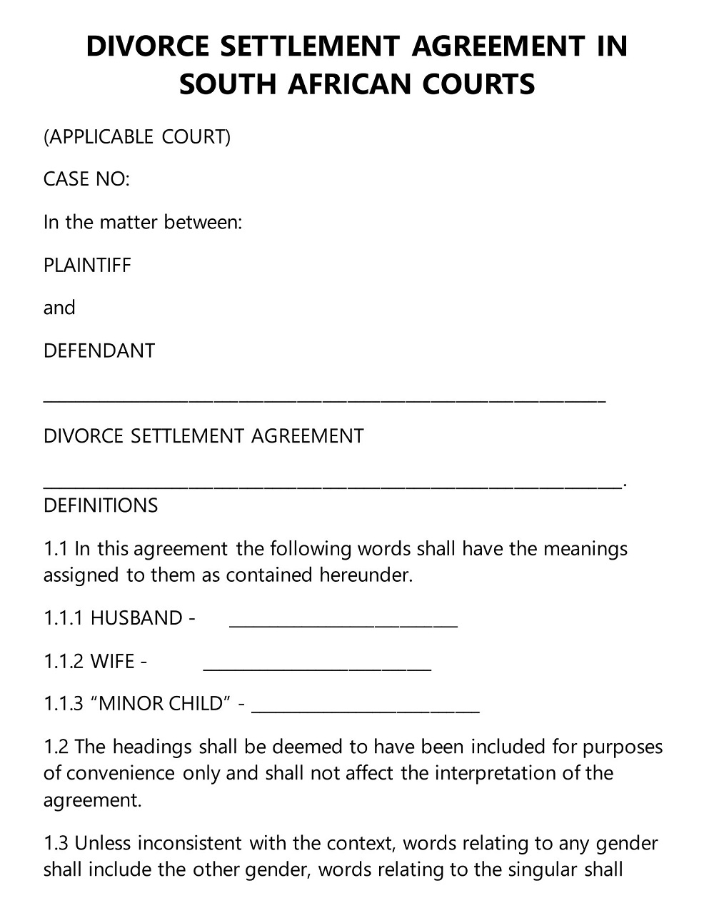 Divorce Settlement Agreement South African Court