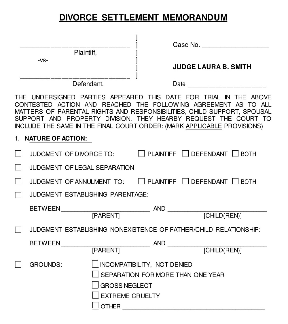 Divorce Settlement Memorandum Template